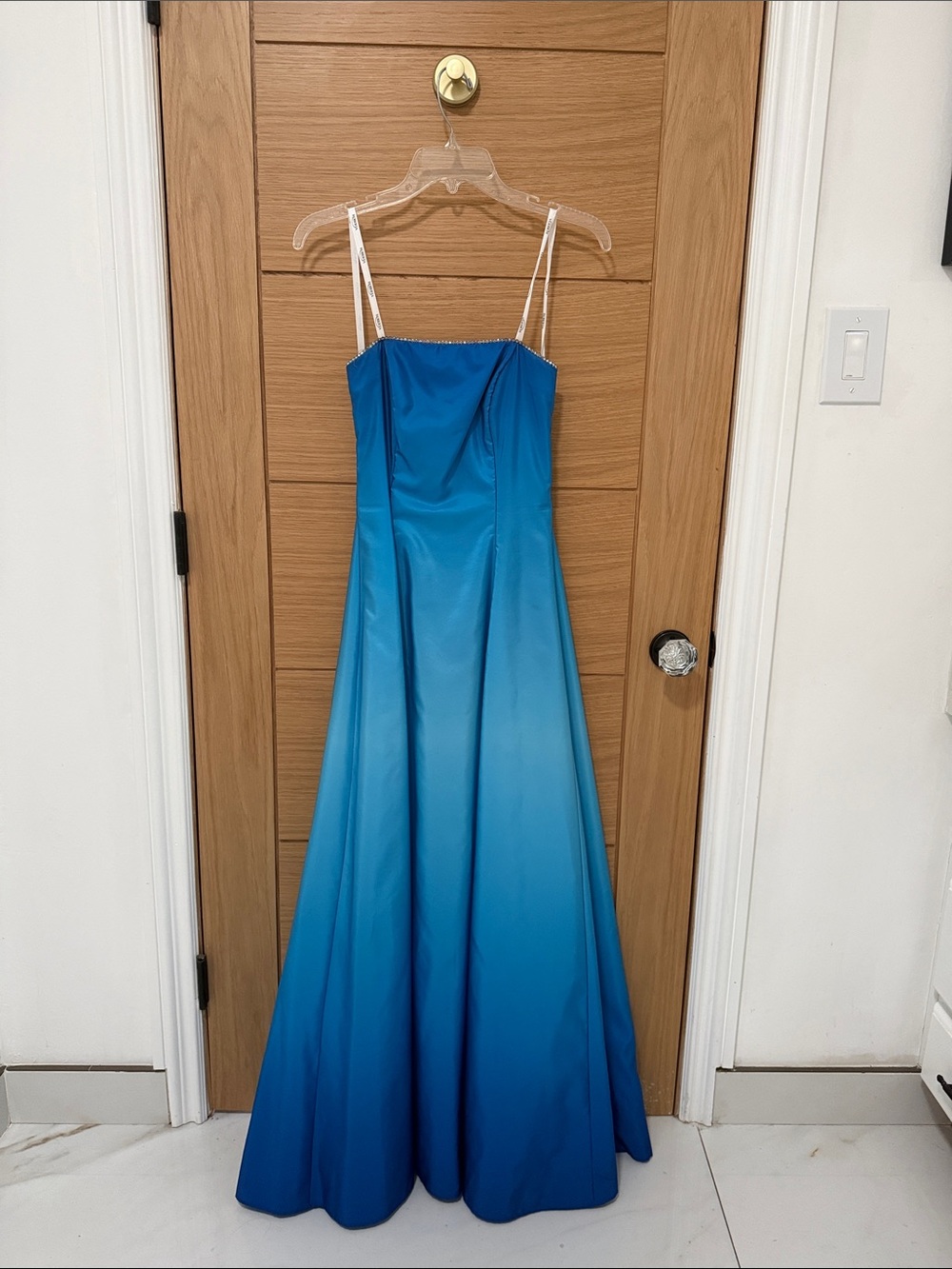 Blue Ombre Satin Strapless Gown